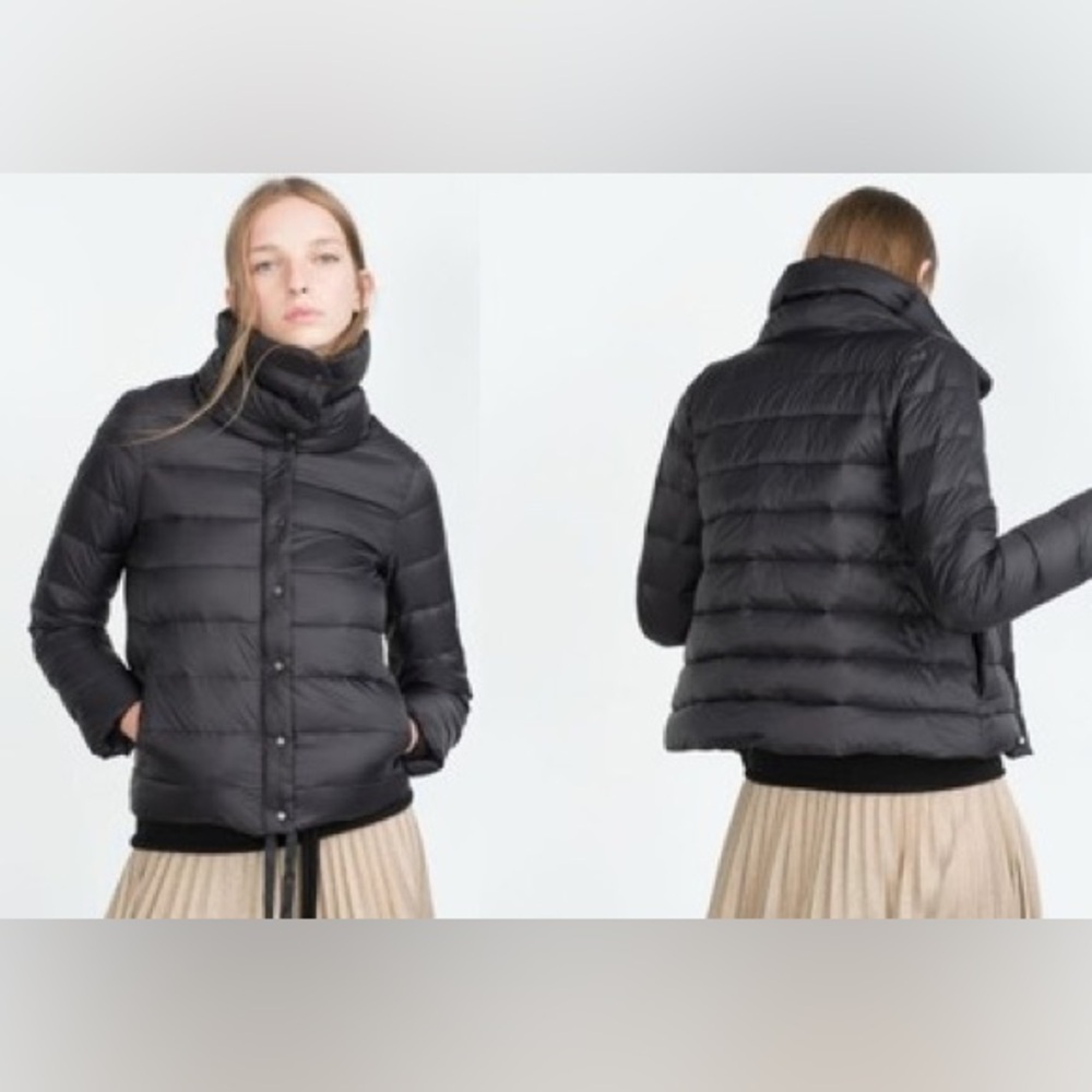 ZARA funnel neck Down Puffer Jacket dark gray dark green Womens XS